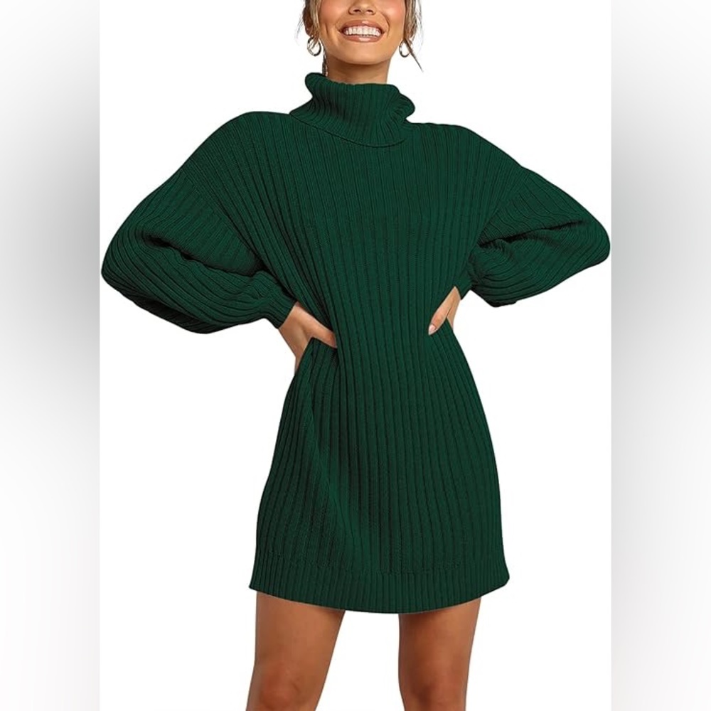 Anrabess Emerald Green Knit Turtleneck Balloon Sleeve Sweater Dress